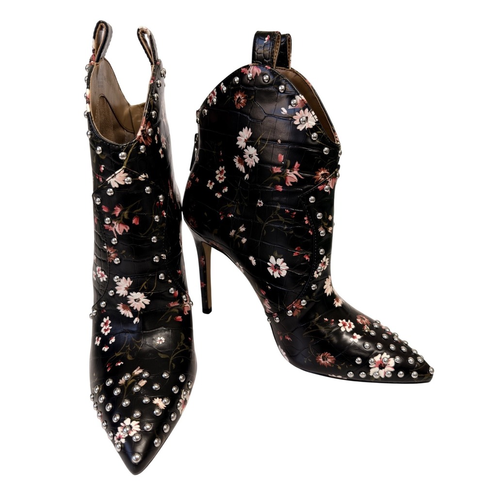 Jessica Simpson Black Floral Croc Studded Pointed Toe Stiletto Ankle Boots 7.5M - Picture 10 of 11